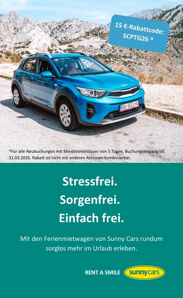 Bild eines Mietwagens auf der Straße.