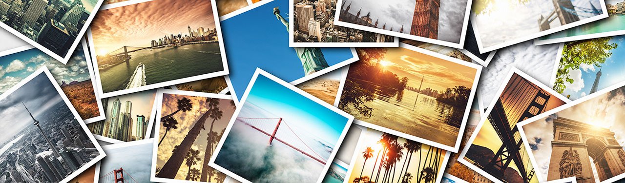 Collage von bedruckten Reisebildern